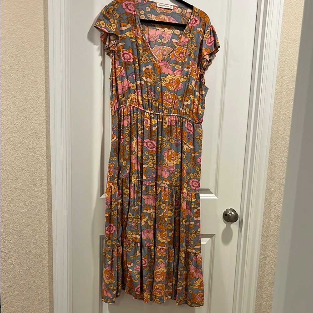 Floral V-Neck Dress in Pink and Orange